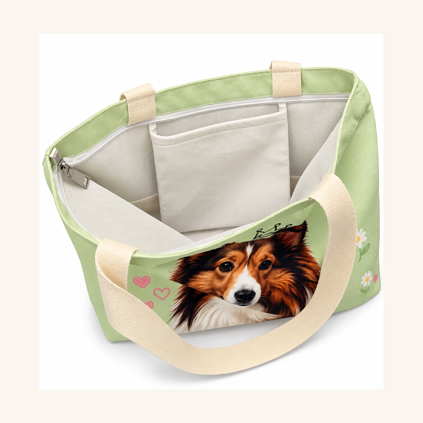 Daisy Crowned Sheltie Mint Zip Shopper Tote view 4