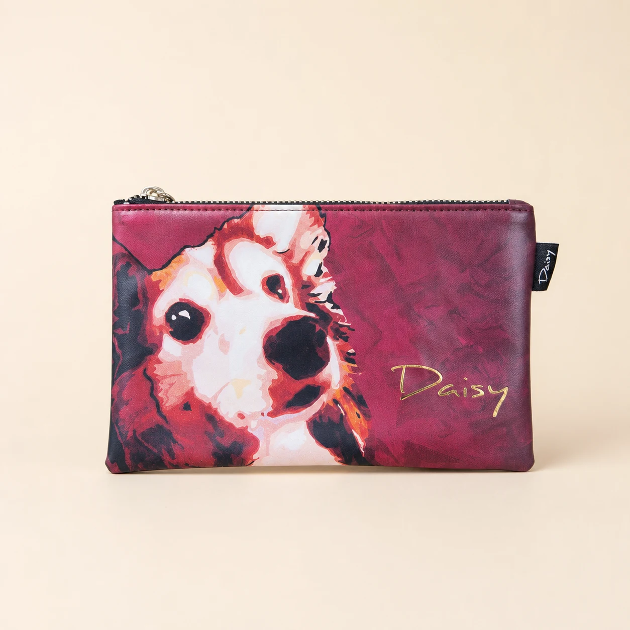 Daisy Pattern Flat Pencil Case — Burgundy view 2