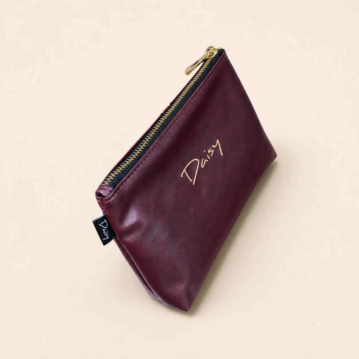 Daisy Pattern Flat Pencil Case — Burgundy view 4