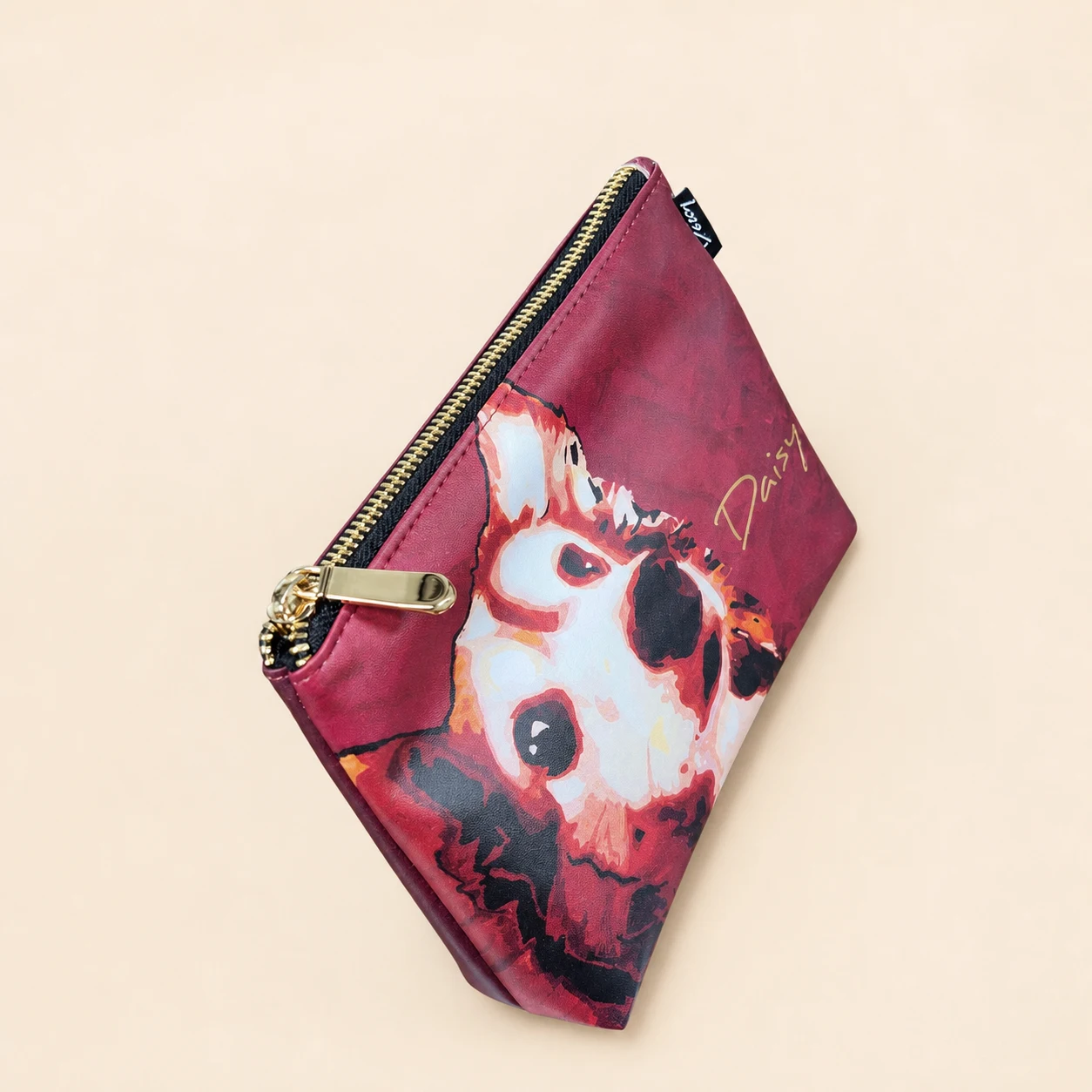 Daisy Pattern Flat Pencil Case — Burgundy view 3