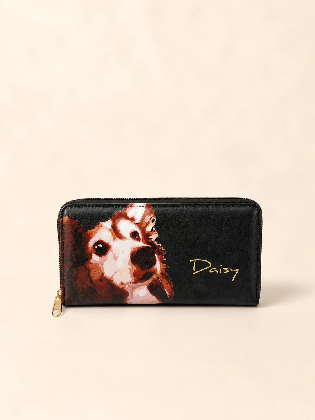 Daisy Pattern Long Wallet with Zipper — Black