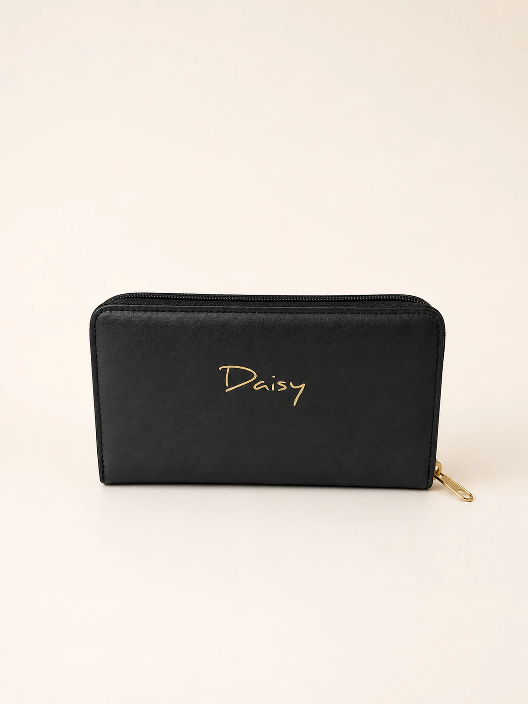 Daisy Pattern Long Wallet with Zipper — Black view 2