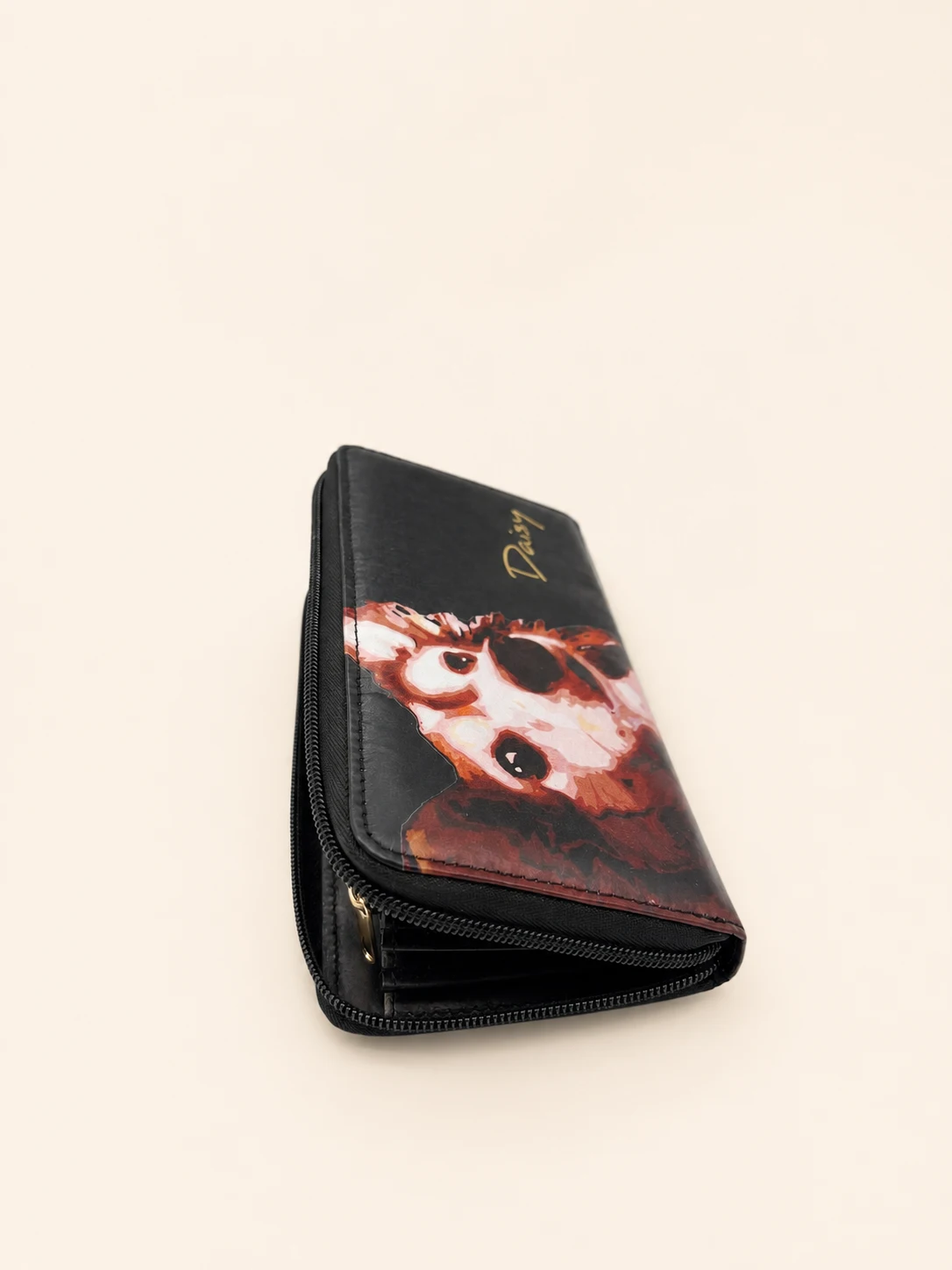 Daisy Pattern Long Wallet with Zipper — Black view 3