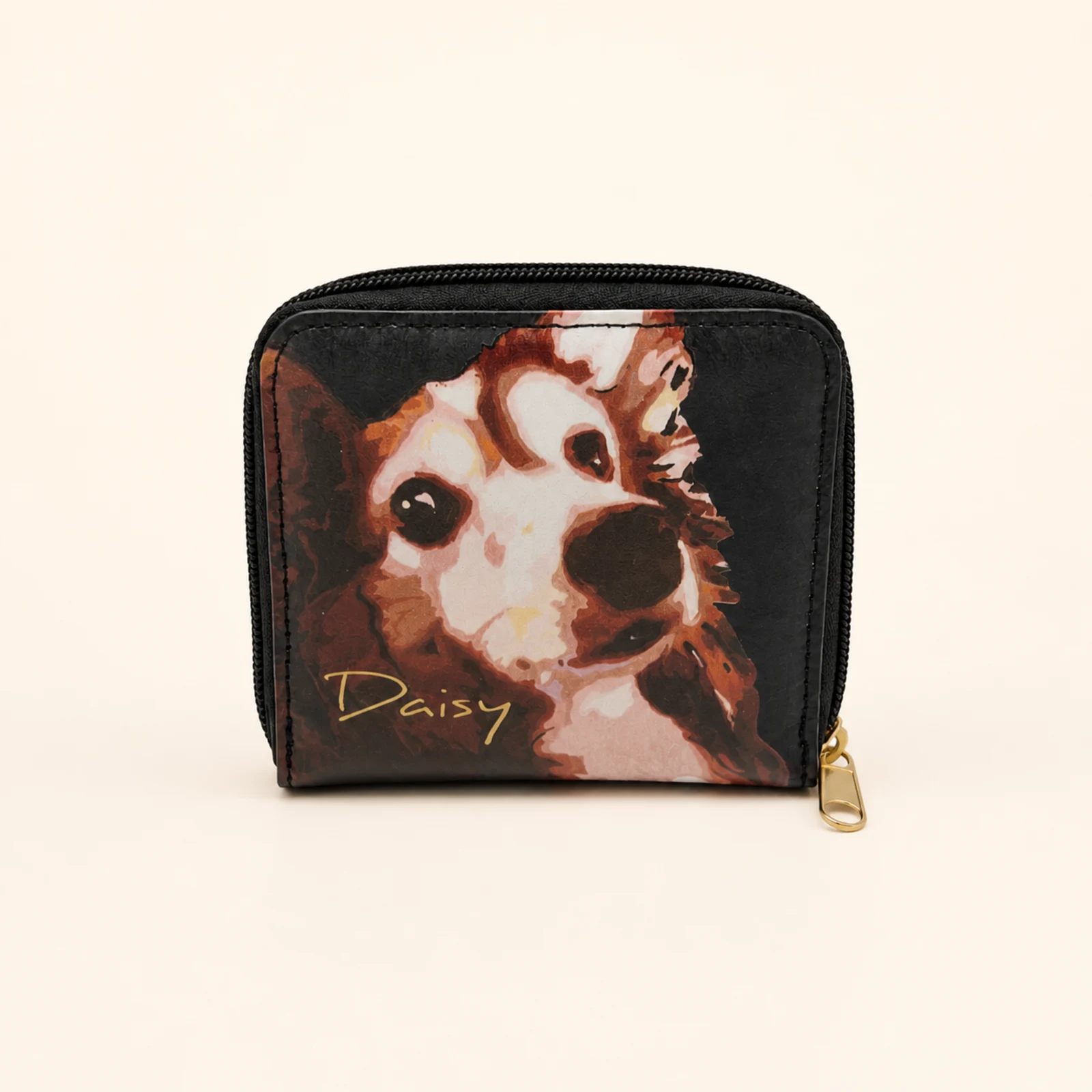 Daisy Pattern Short Wallet with Zipper — Black