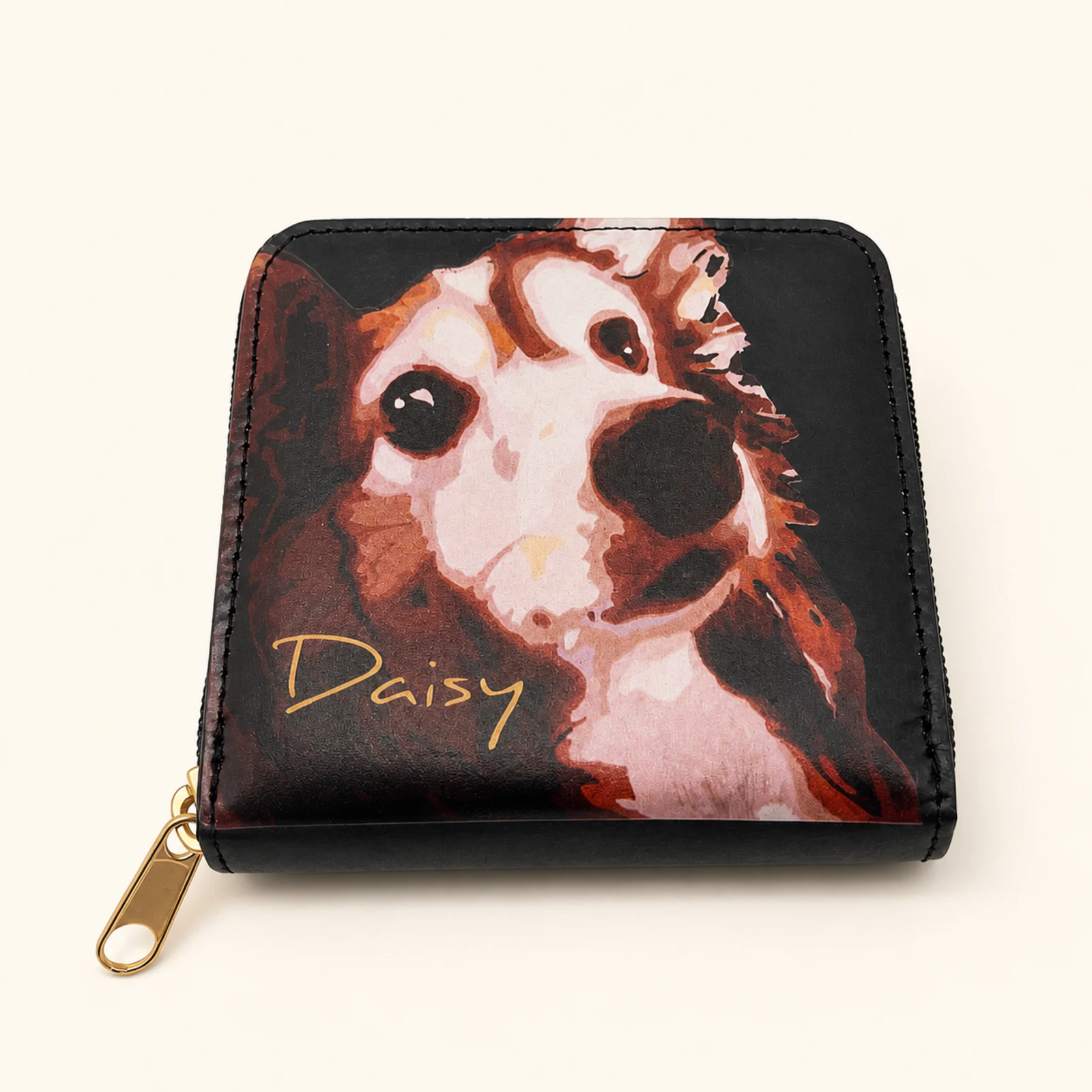 Daisy Pattern Short Wallet with Zipper — Black view 2