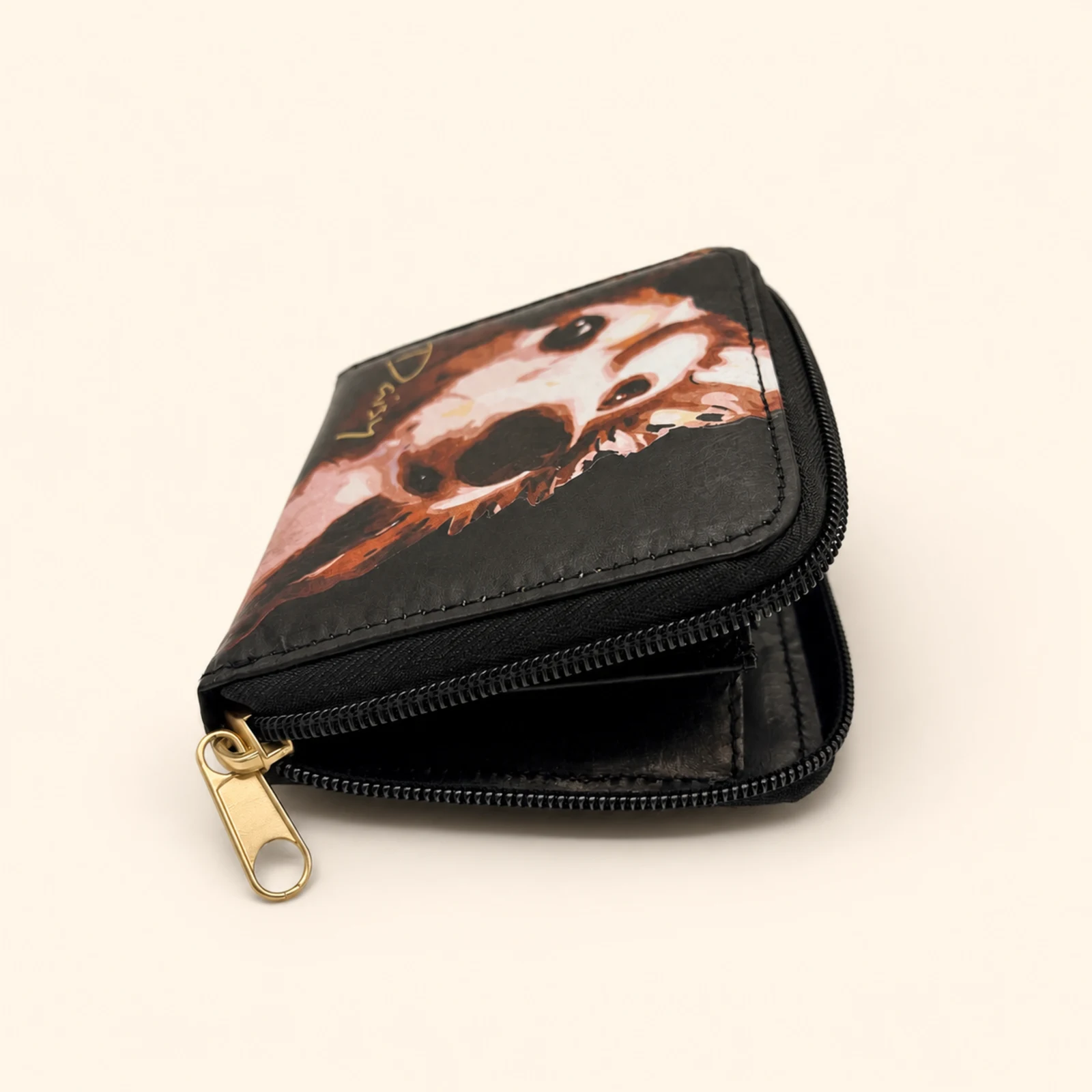 Daisy Pattern Short Wallet with Zipper — Black view 4