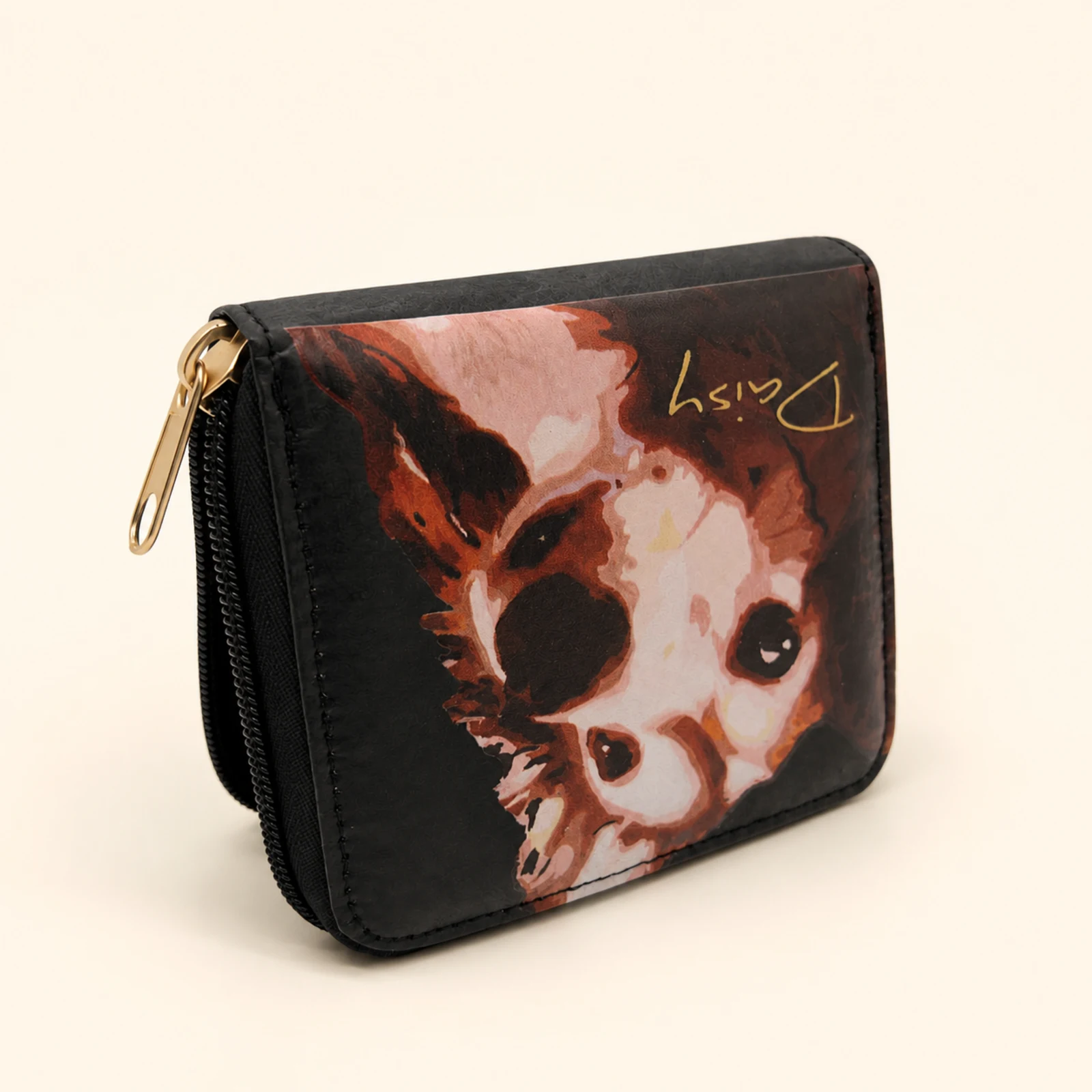 Daisy Pattern Short Wallet with Zipper — Black view 6