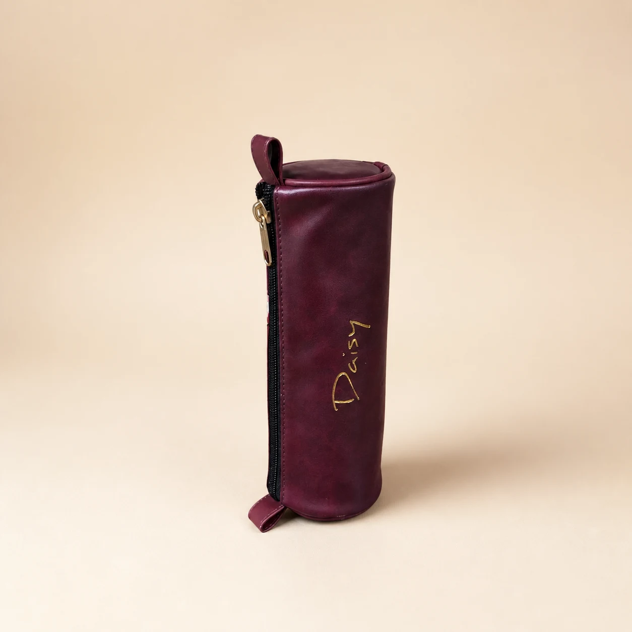 Daisy Pattern Round Pencil Case — Burgundy view 4