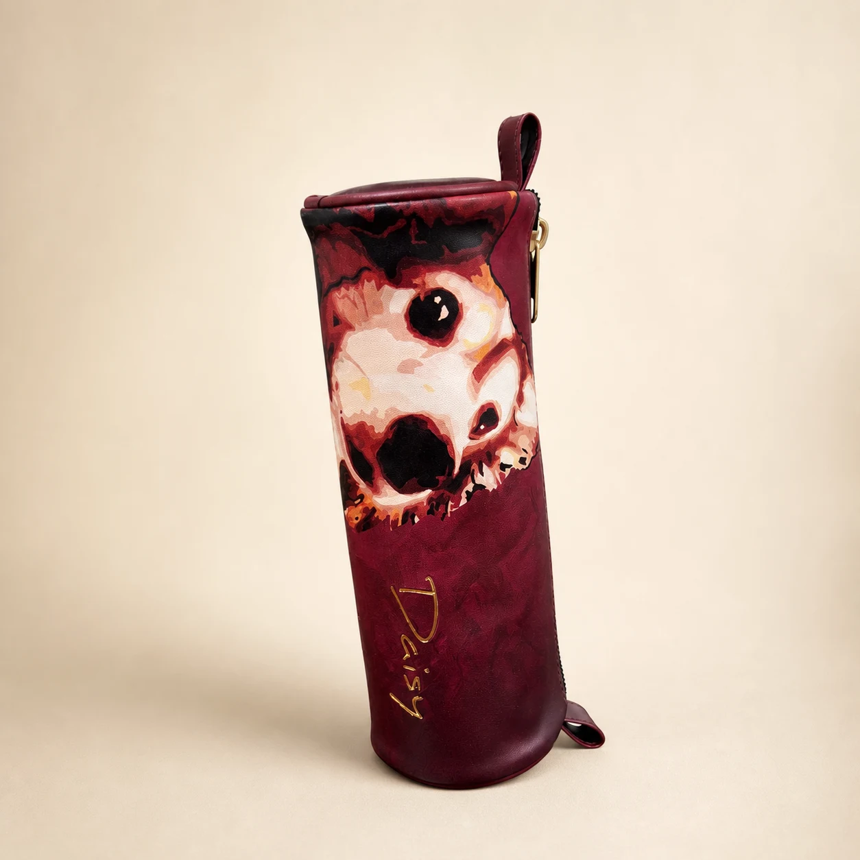 Daisy Pattern Round Pencil Case — Burgundy view 2