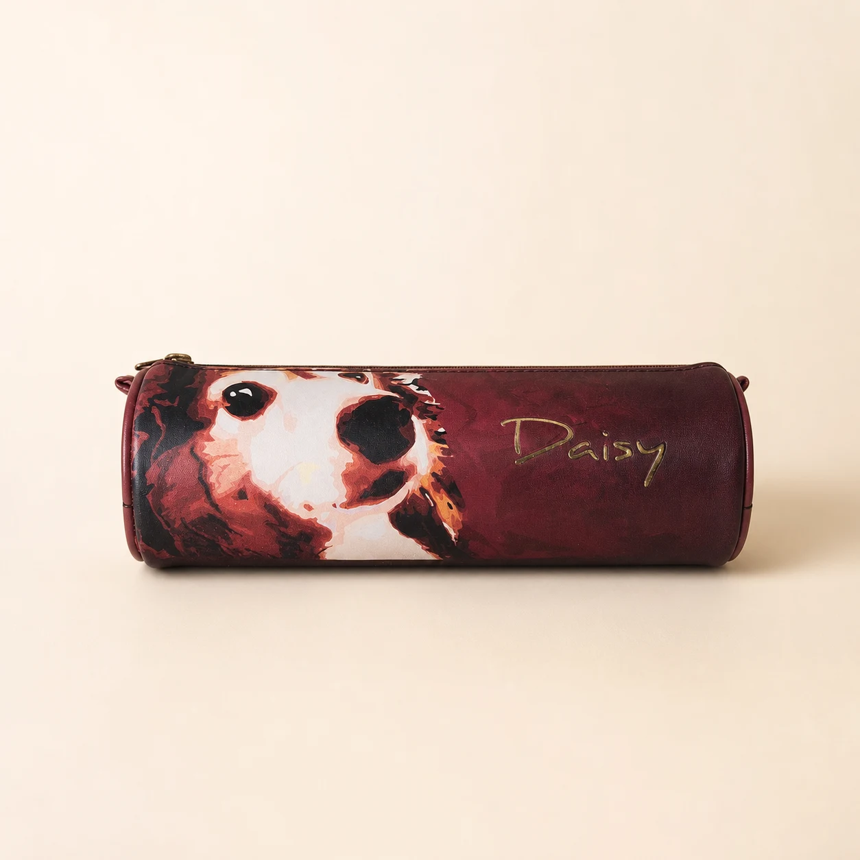 Daisy Pattern Round Pencil Case — Burgundy view 3