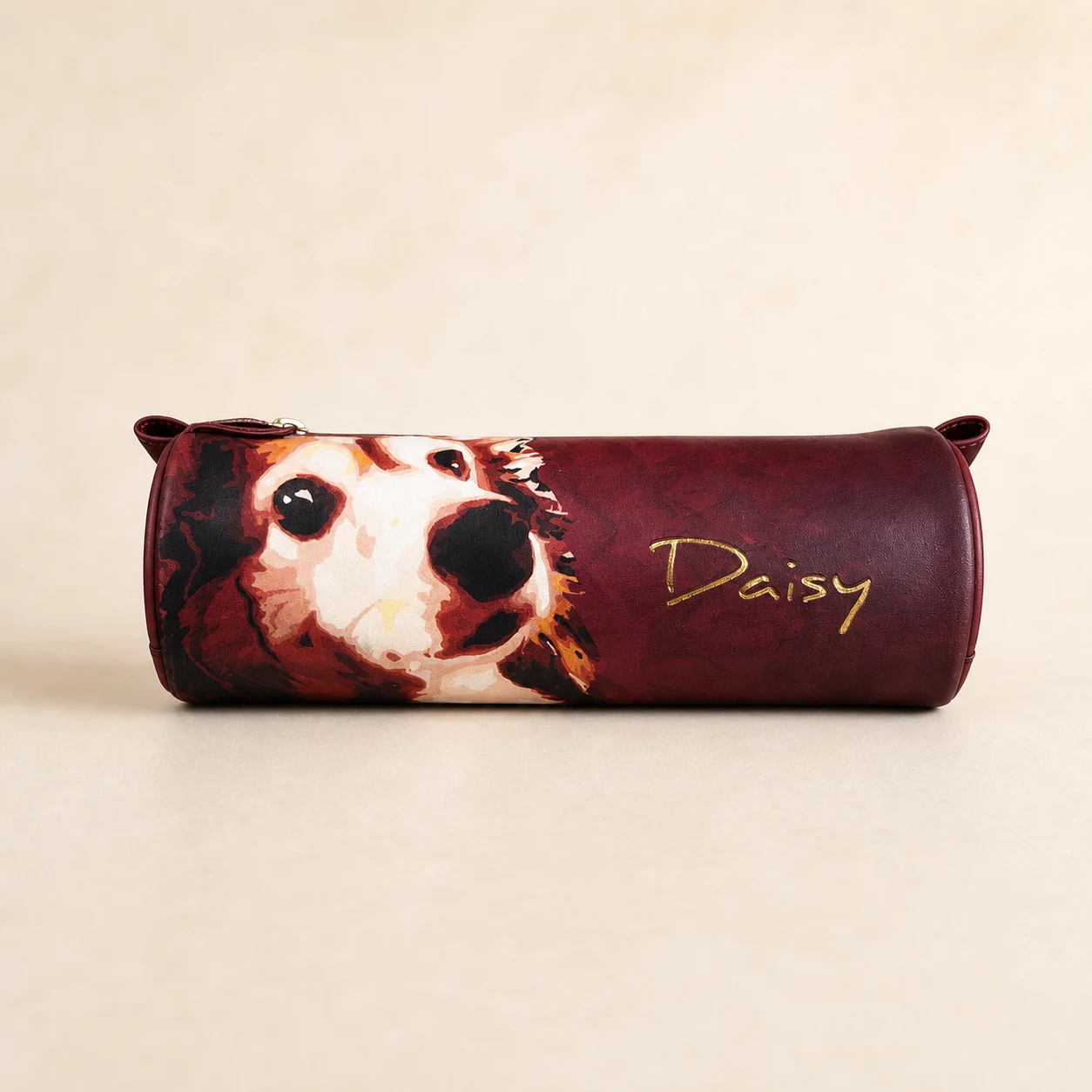 Daisy Pattern Round Pencil Case — Burgundy
