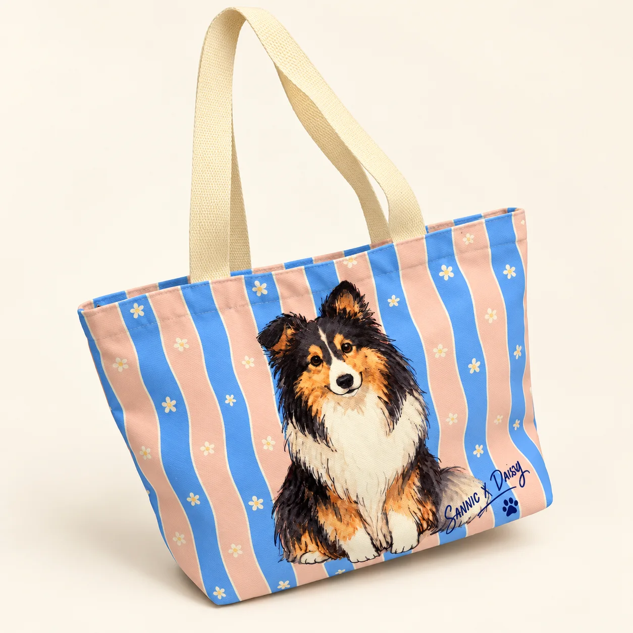 Daisy Sheltie Blue & Pink Shopper Tote view 2