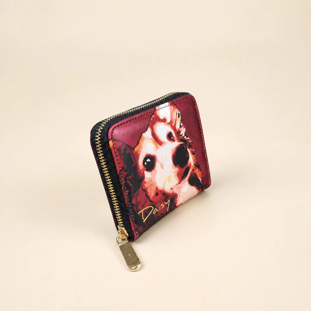 Daisy Pattern Short Wallet with Zipper — Burgundy view 2
