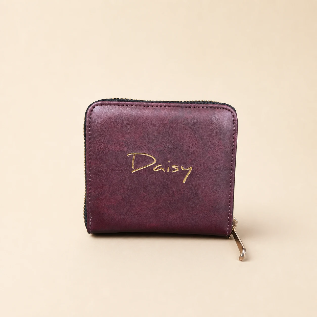 Daisy Pattern Short Wallet with Zipper — Burgundy view 5