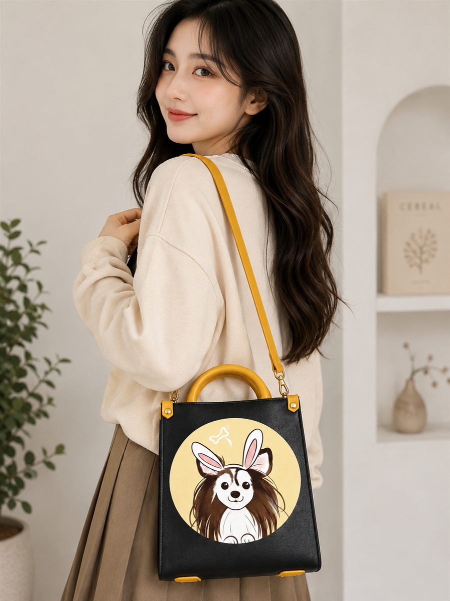 Daisy dog-art tote bag worn crossbody, Sannic Lifestyle