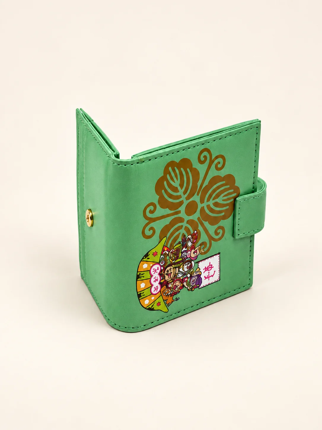 Japan Pattern Gold Crest Short Wallet — Green view 2