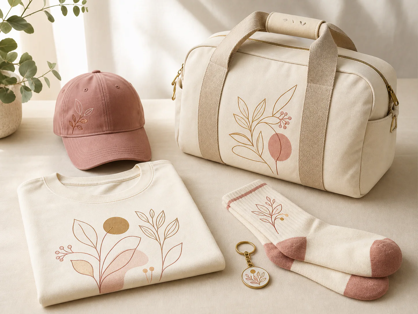 Coordinated lifestyle collection with a tee, cap, socks, keychain and travel bag