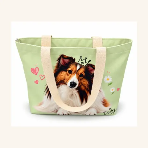 Daisy Crowned Sheltie Mint Zip Shopper Tote